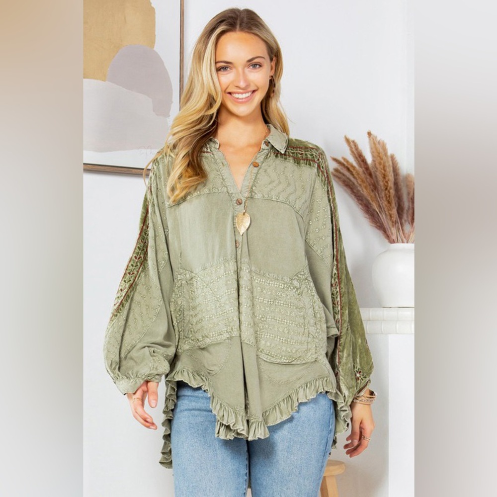 Sage Green Women's Embroidered Velvet Blouse With Bat Sleeves NWT